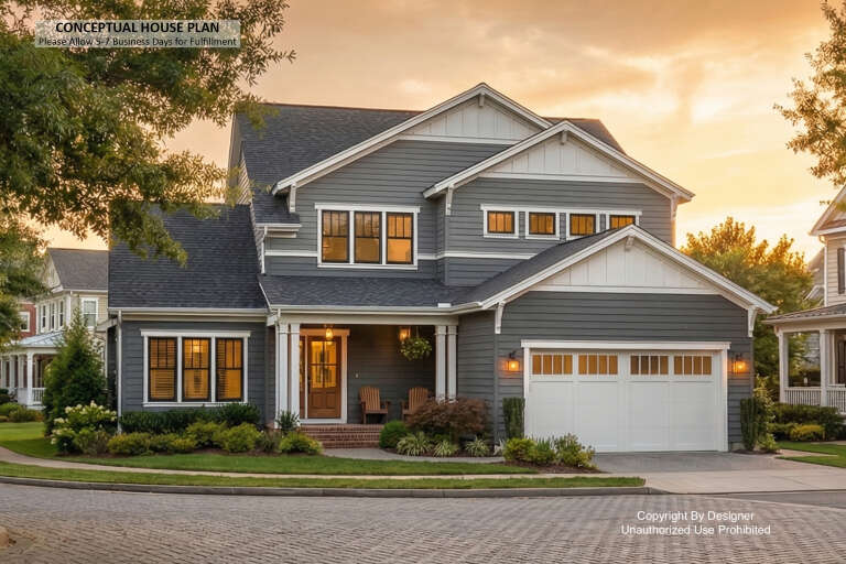 House Plan House Plan #34529 Angled Front Elevation at Dusk