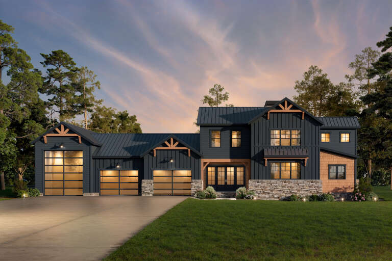 House Plan House Plan #34554 Angled Front Elevation at Dusk