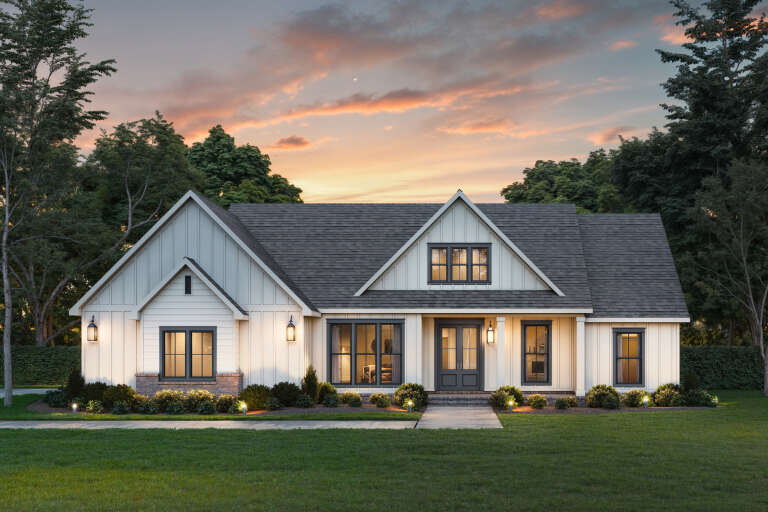 House Plan House Plan #34558 Front Elevation at Dusk