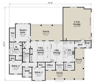 3BR, 2.5BA main floor with vaulted family/dining, office, pantry, mudroom, 2-car garage, and covered porches. House Plan # 009-00476 Main Floor Floor Plan Drawing by America's Best House Plans, Inc.