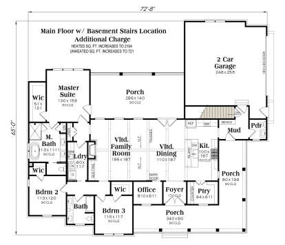3BR, 2.5BA main floor with basement stairs, vaulted family/dining, office, pantry, and 2-car garage. House Plan # 009-00476 Main Floor w/ Basement Stairs Location Floor Plan Drawing by America's Best House Plans, Inc.