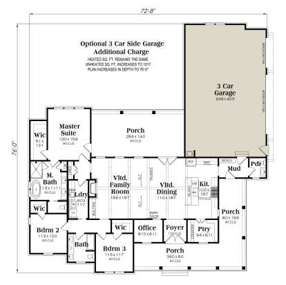3BR, 2.5BA main floor with optional 3-car garage, vaulted family/dining, office, pantry, and covered porches. House Plan # 009-00476 Main Floor w/ Optional 3 Car Garage Floor Plan Drawing by America's Best House Plans, Inc.