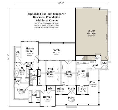 Basement foundation plan with optional 3-car garage layout and stairs. House Plan # 009-00476 Basement Foundation w/ Optional 3 Car Garage Floor Plan Drawing by America's Best House Plans, Inc.