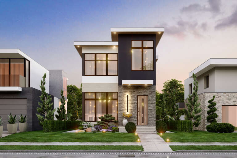 House Plan House Plan #34591 Front Elevation at Dusk