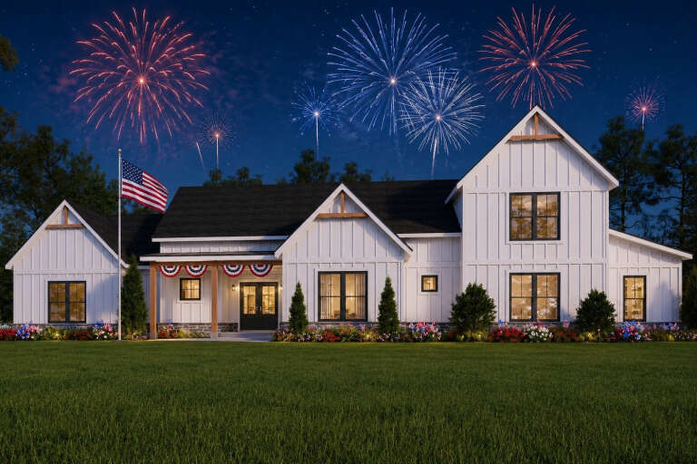 White Modern Farmhouse, Angled Front Elevation with fireworks, board-and-batten siding, stone base, flag, and lit porch. House Plan # 940-01383 Digital Rendering by America's Best House Plans, Inc.