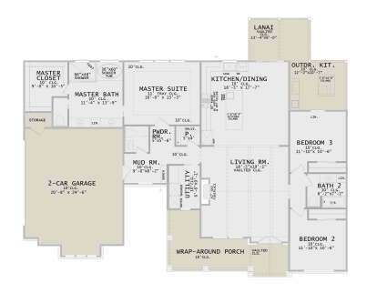 Main Floor: 3BR, 2.5BA, Vaulted Living, Kitchen/Dining, Ldry, 2-car garage, Lanai, Outdr Kit, Porch. Tray/Vaulted ceilings. House Plan # 8372-00002 Main Floor Floor Plan Drawing by America's Best House Plans, Inc.