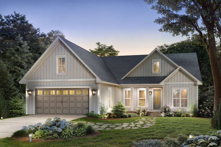 House Plan House Plan #34616 Angled Front Elevation at Dusk