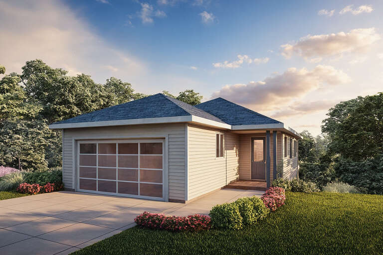 House Plan House Plan #34632 Angled Front Elevation at Dusk