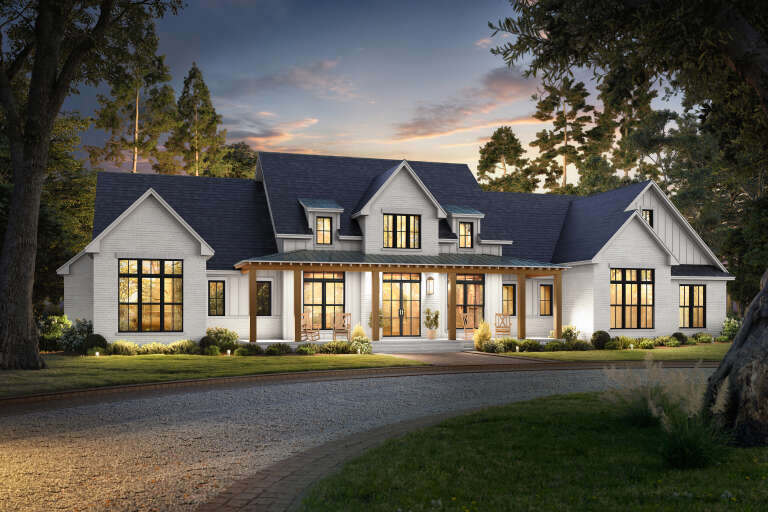 House Plan House Plan #34633 Angled Front Elevation at Dusk