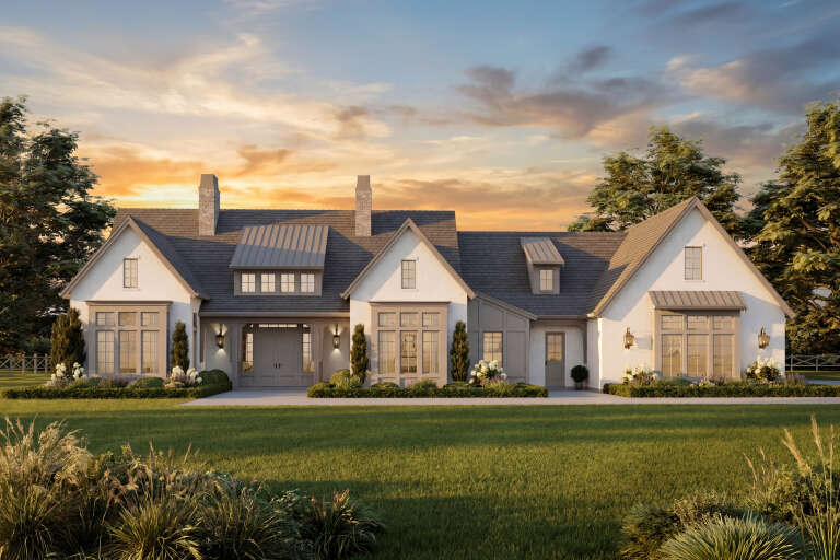 House Plan House Plan #34685 Front Elevation at Dusk