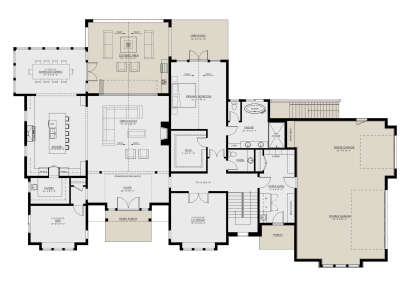 Main Floor: 1BR, 1.5BA, Kitchen, Great Rm, Den, TV Rm, Pantry, Ldry, 3-car garage, Covered Area, Patio, Porch, Vaults. House Plan # 8937-00117 Main Floor Floor Plan Drawing by America's Best House Plans, Inc.