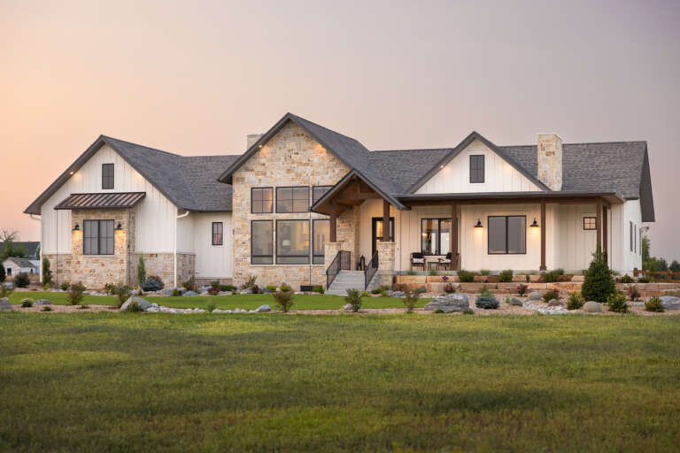 House Plan House Plan #34699 Angled Front Elevation at Dusk