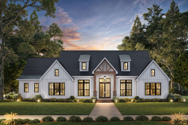 House Plan House Plan #34713 Front Elevation at Dusk