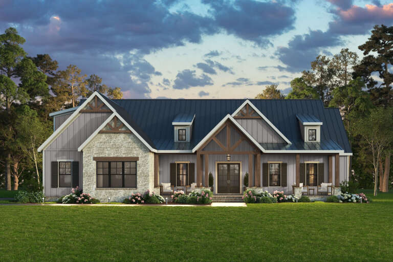 House Plan House Plan #34715 Front Elevation at Dusk
