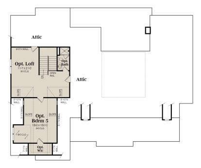 Optional upper level with loft, 1 bed, 1 bath, and attic storage. House Plan # 009-00479 Optional Second Floor Floor Plan Drawing by America's Best House Plans, Inc.