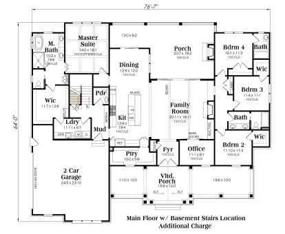 Main level with 4 beds, 3.5 baths, open kitchen, family room, office, mudroom, laundry, and basement stairs. House Plan # 009-00479 Main Floor w/ Basement Stairs Location Floor Plan Drawing by America's Best House Plans, Inc.