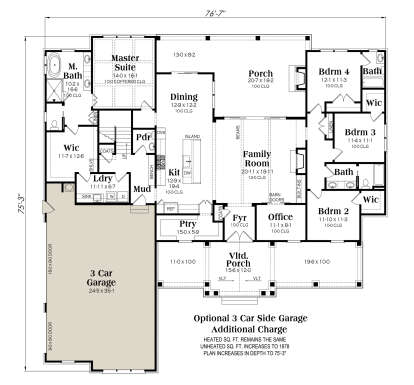 Main level with 4 beds, 3.5 baths, open kitchen, family room, office, mudroom, laundry, and 3-car garage. House Plan # 009-00479 Main Floor w/ Optional 3 Car Garage Floor Plan Drawing by America's Best House Plans, Inc.