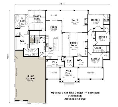 Basement foundation plan with 3-car garage layout. House Plan # 009-00479 Basement Foundation w/ Optional 3 Car Garage Floor Plan Drawing by America's Best House Plans, Inc.