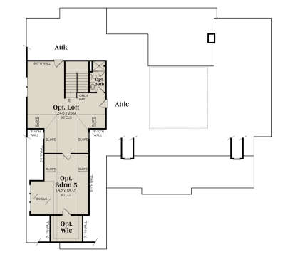 Upper level with loft, 1 bed, 1 bath, and attic storage above 3-car garage. House Plan # 009-00479 Second Floor Above Optional 3 Car Garage Floor Plan Drawing by America's Best House Plans, Inc.