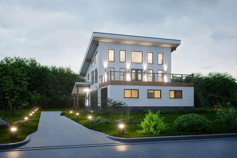 House Plan House Plan #34728 Angled Front Elevation at Dusk