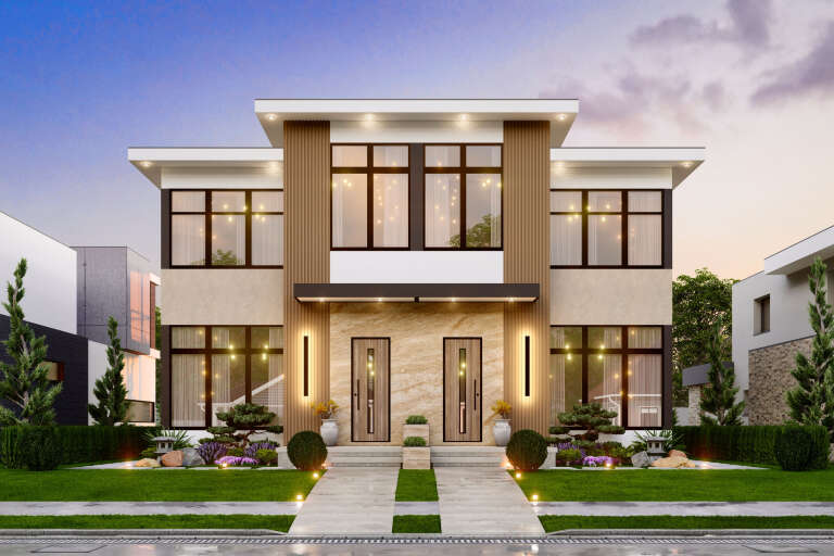 House Plan House Plan #34751 Front Elevation at Dusk
