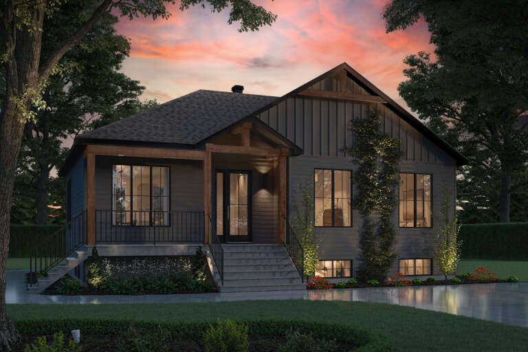 House Plan House Plan #34753 Angled Front Elevation at Dusk