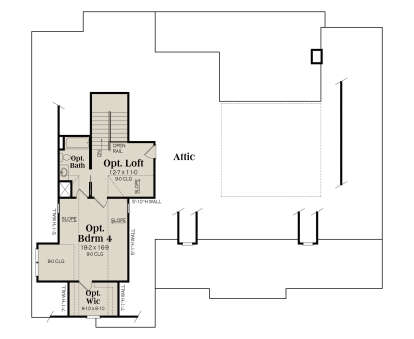 Optional second floor with loft, 1BR, 1BA, and attic storage space. House Plan # 009-00480 Optional Second Floor Floor Plan Drawing by America's Best House Plans, Inc.
