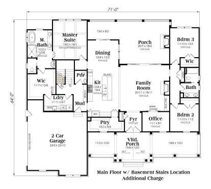 Main floor layout with basement stairs, 3BR, 2.5BA, kitchen, family room, office, laundry, and 2-car garage. House Plan # 009-00480 Main Floor w/ Basement Stairs Location Floor Plan Drawing by America's Best House Plans, Inc.