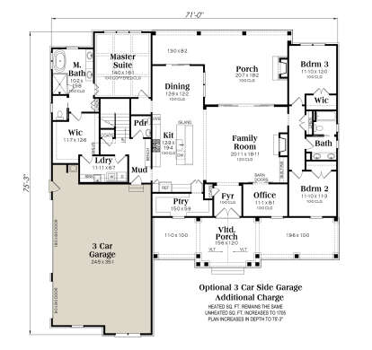 Main floor with optional 3-car garage, 3BR, 2.5BA, open kitchen, family room, office, and covered porch. House Plan # 009-00480 Main Floor w/ Optional 3 Car Garage Floor Plan Drawing by America's Best House Plans, Inc.