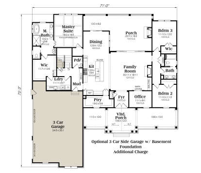 Basement foundation layout with optional 3-car garage configuration. House Plan # 009-00480 Basement Foundation w/ Optional 3 Car Garage Floor Plan Drawing by America's Best House Plans, Inc.