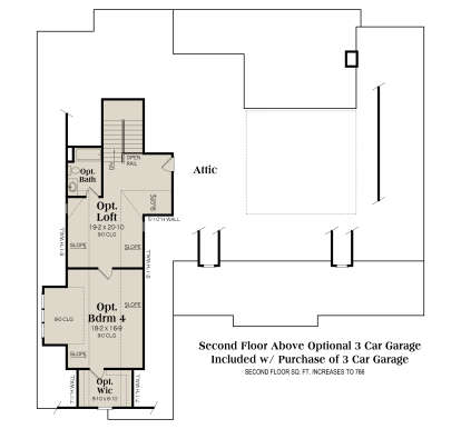 Second floor layout above optional 3-car garage with loft, 1BR, and 1BA. House Plan # 009-00480 Second Floor Above Optional 3 Car Garage Floor Plan Drawing by America's Best House Plans, Inc.