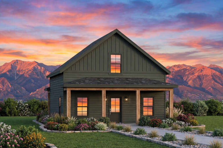 House Plan House Plan #34769 Angled Front Elevation at Dusk