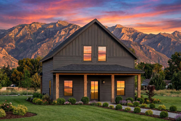 House Plan House Plan #34770 Angled Front Elevation at Dusk