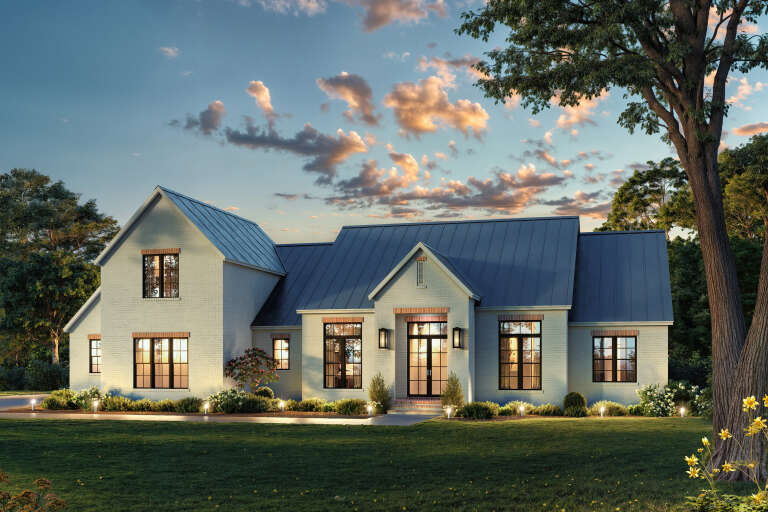 House Plan House Plan #34776 Angled Front Elevation at Dusk