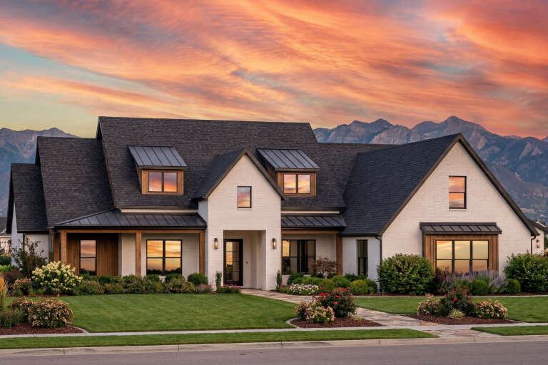 House Plan House Plan #34777 Angled Front Elevation at Dusk