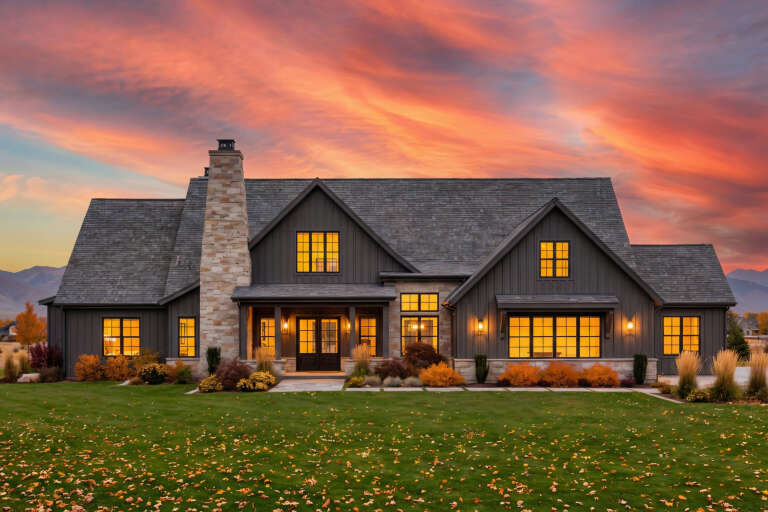 House Plan House Plan #34792 Front Elevation at Dusk