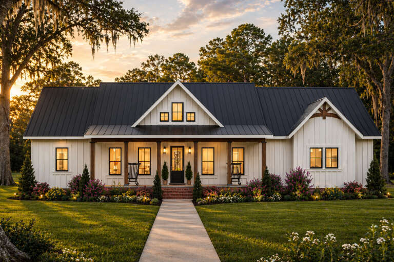 House Plan House Plan #34800 Front Elevation at Dusk