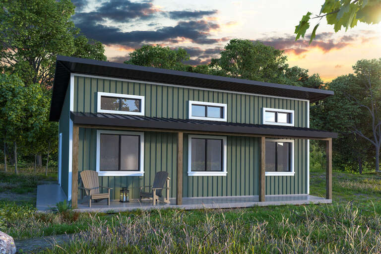 House Plan House Plan #34815 Angled Front Elevation at Dusk