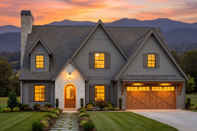 House Plan House Plan #34824 Front Elevation at Dusk