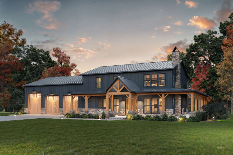 House Plan House Plan #34830 Angled Front Elevation at Dusk