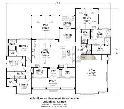 4BR, 3.5BA main floor with basement stairs, vaulted family room, kitchen, office, WIC, Ldry, and porches. House Plan # 009-00482 Main Floor w/ Basement Stairs Location Floor Plan Drawing by America's Best House Plans, Inc.