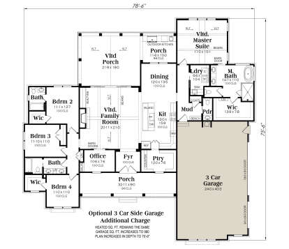 4BR, 3.5BA main floor with optional 3-car garage, vaulted family room, kitchen, office, WIC, Ldry, and porches. House Plan # 009-00482 Main Floor w/ Optional 3 Car Garage Floor Plan Drawing by America's Best House Plans, Inc.
