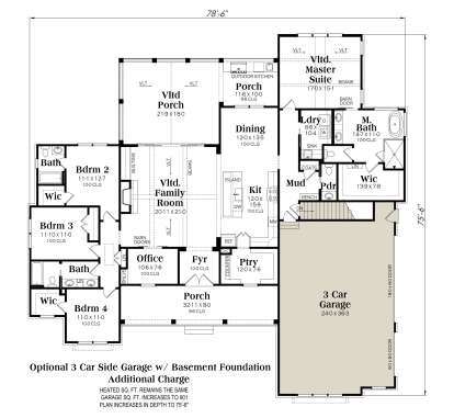 Basement foundation plan with optional 3-car garage layout, stairs, and structural layout. House Plan # 009-00482 Basement Foundation w/ Optional 3 Car Garage Floor Plan Drawing by America's Best House Plans, Inc.