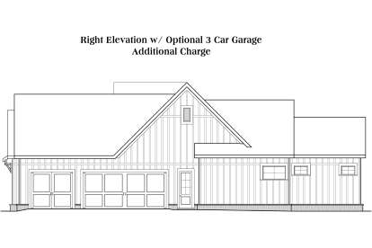 4BR, 3.5BA main floor with optional 3-car side garage, vaulted family room, kitchen, office, WIC, Ldry, and porches. House Plan # 009-00482 Right Elevation w/ Optional 3 Car Garage Floor Plan Drawing by America's Best House Plans, Inc.