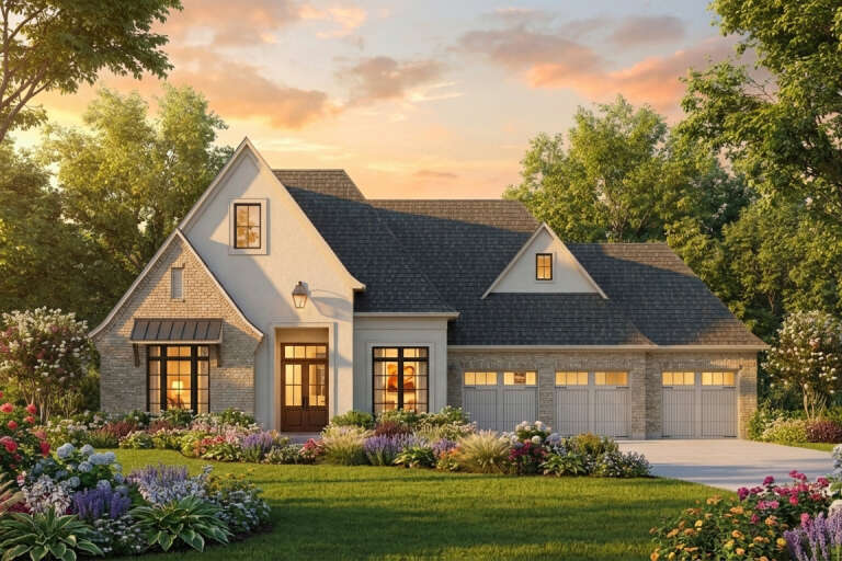 House Plan House Plan #34845 Front Elevation at Dusk