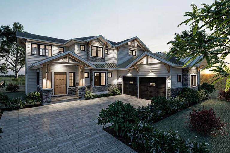 House Plan House Plan #34848 Angled Front Elevation at Dusk