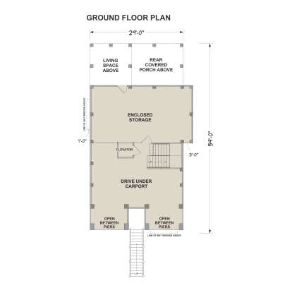 Ground Floor: Enclosed storage, drive-under carport, elevator, stairs, open space between piers. Unheated ground level. House Plan # 6316-00028 Ground Floor Floor Plan Drawing by America's Best House Plans, Inc.