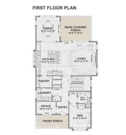 Main Floor: 1 Den, 1 BA, Kitchen, Dining, Living, Fireplace, Office, Pantry, Ldry, Elevator, Stairs, 2 Porches. House Plan # 6316-00028 Main Floor Floor Plan Drawing by America's Best House Plans, Inc.