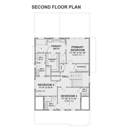 Second Floor: 3BR, 3BA, Elevator, Stairs, Storage, 3 WICs, Linen closet. Sloped ceilings in all bedrooms. House Plan # 6316-00028 Second Floor Floor Plan Drawing by America's Best House Plans, Inc.