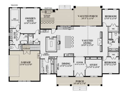 Main Floor: 3BR, 2.5BA, Vaulted Living/Porch, Kitchen, Dining, Study, Ldry, 2-car garage, WICs, Wet Bar, Outdoor Kitchen. House Plan # 6849-00175 Main Floor  Floor Plan Drawing by America's Best House Plans, Inc.